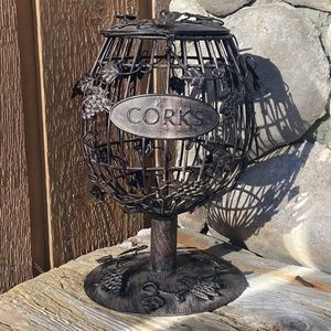 Wine Cork Metal Glass-Shaped w/ Clasped Lid Decorative Caged Holder